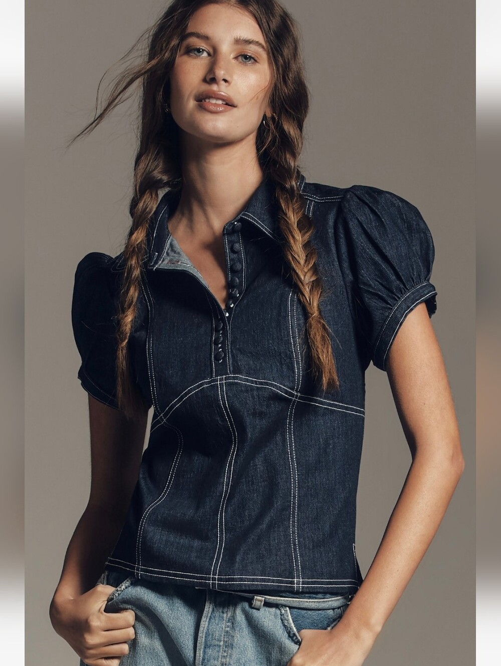 Pilcro by Anthropologie Denim Puff Sleeve Top